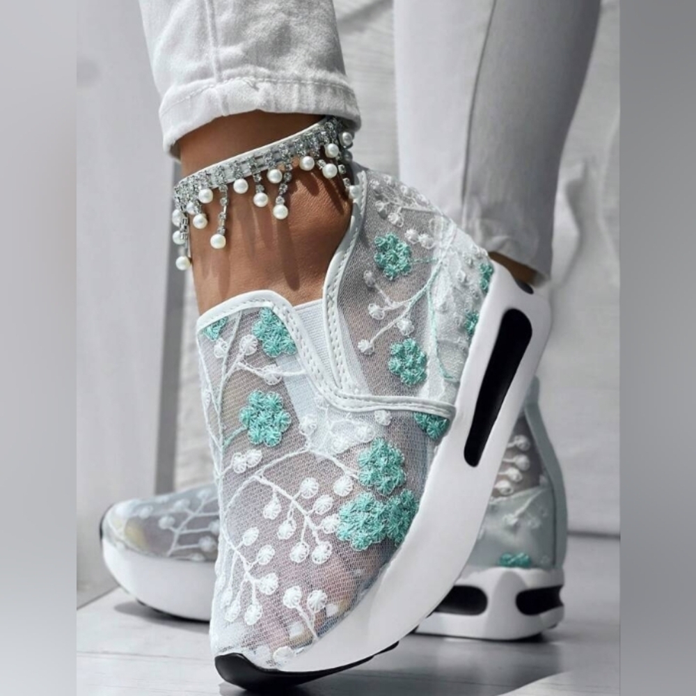 Elegant Mint and White Lace Slip-on Sneakers - Picture 11 of 16